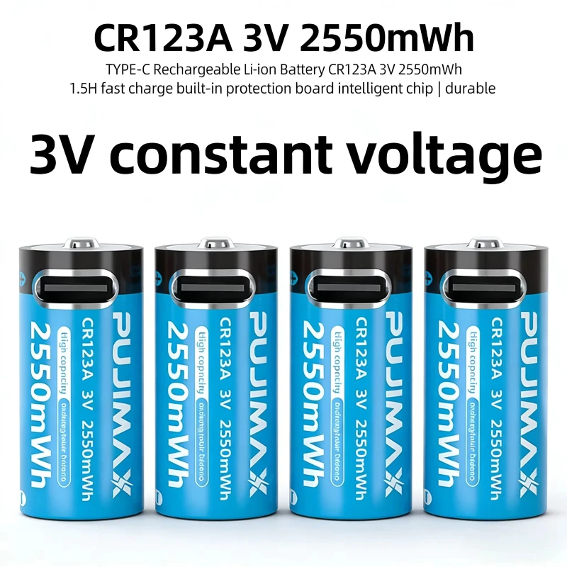 

CR123A Lithium Batteries 2550mWh With USB-C Cable Fast Charge For Outdoor Cameras CR123A Rechargeable Pack