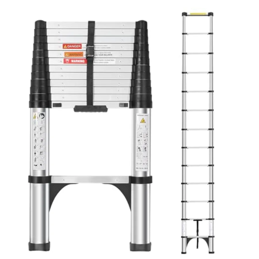

12.5 FT Aluminum Telescoping Ladder with One-Button Retraction and 2 Triangle Stabilizers Lightweight 375 lbs Capacity Ideal fo