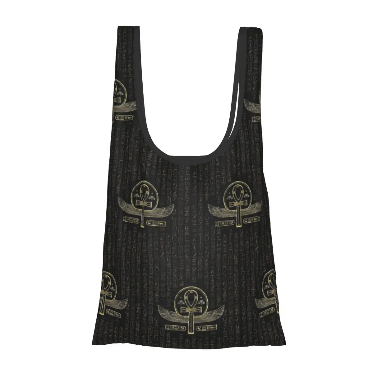 

Egyptian Cross Ankh Gold And Black Portable Tote Shopping Bags Foldable Shopper Bag Groceries Handbag Shoulder Bag