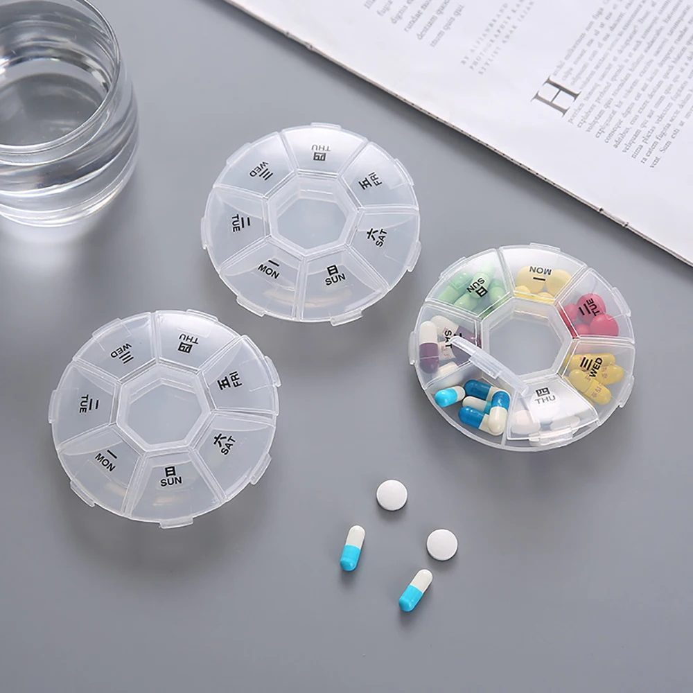 7 Day Pill Organizer Weekly Pill Box Transparent Round Small Divided Medicine Case Portable Pill Holder Travel