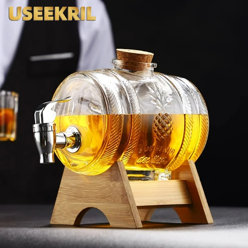 

Creative Wine Barrel Fruit Tea Can With Faucet Glass Cans With Base Wooden Frame Cold Kettle European Style Bubble Wine Bottle