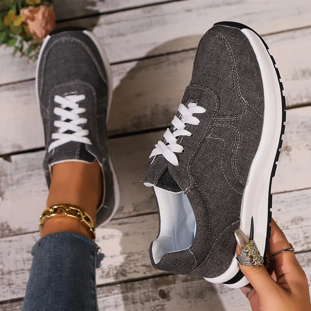 Blue Denim Platform Sneakers Women Fashion Thick Sole Lace Up Sports Shoes Woman Plus Size 43 Comfortable Casual Female Sneakers