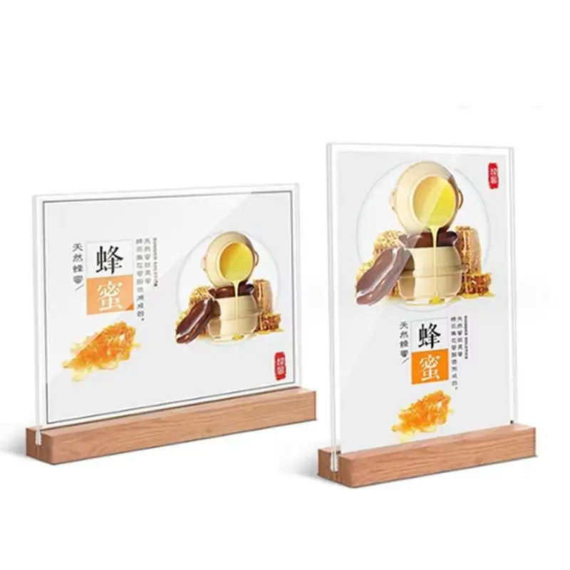 Durable Acrylic Double Sided Tabletop Sign Holder A4 A5 A6 Menu Picture Display Stand With Wood Base For Home Office