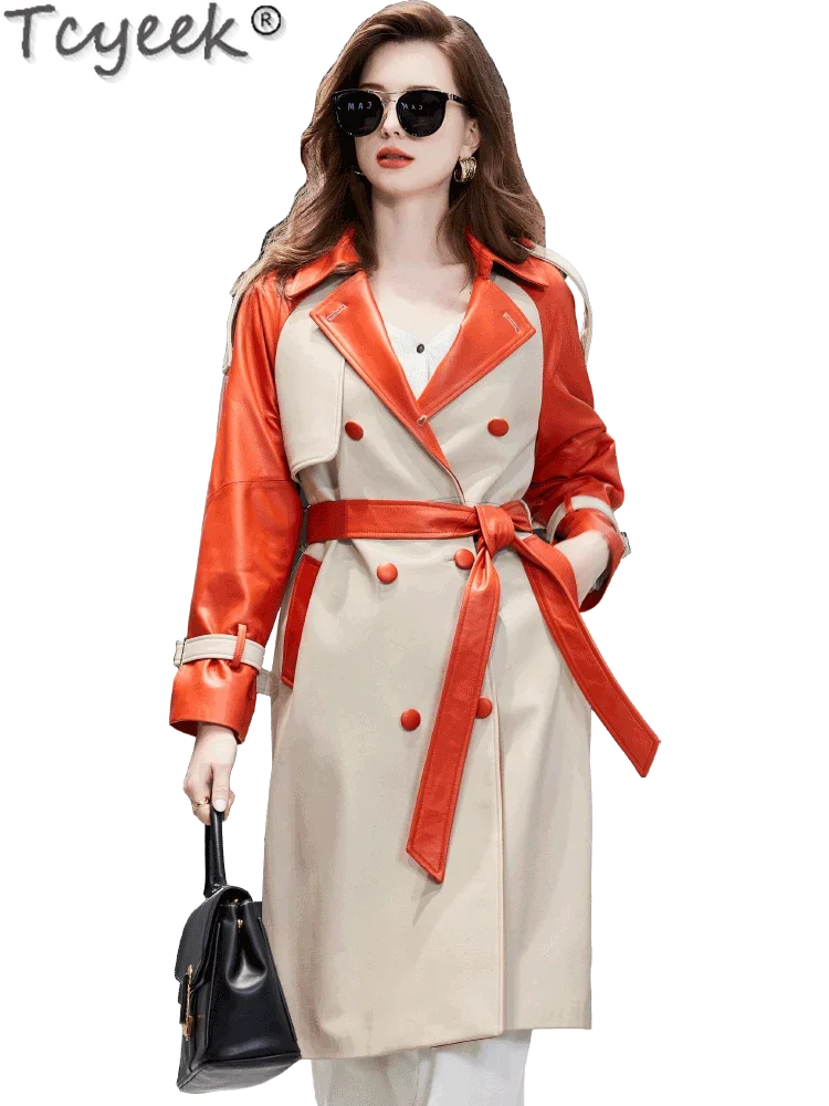 Tcyeek jaqueta de couro real feminina casaco de couro de pele de carneiro natural de comprimento médio trench coats para mulher outono inverno roupas cinto