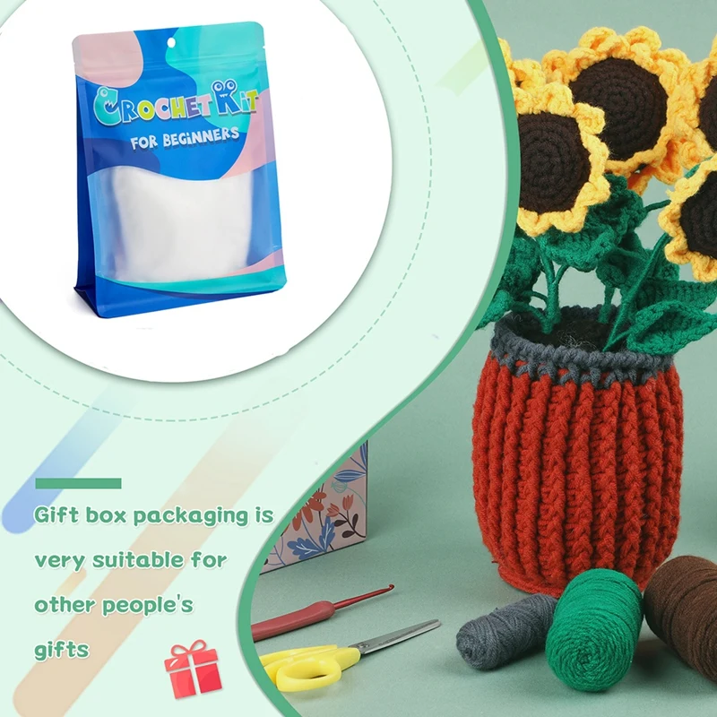 Kit de crochê diy girassol planta crochê kit com agulhas de fio de tricô boneca de pelúcia fácil