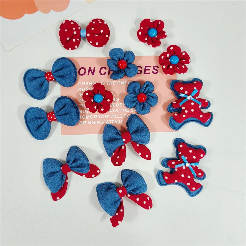 10PCS Cowboy-style Red Clothing Embellishments DIY Bear Bow Accessories Footwear and Headwear Polka Dot Floral Hair Clip Accesso