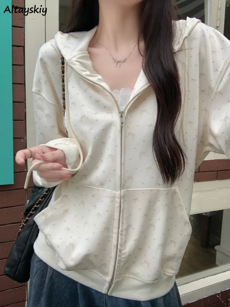 

Толстовки для женщин на молнии, свободные корейские стильные студенческие девушки, милые Ins с длинными рукавами, весенне-осенняя верхняя одежда, повседневная шикарная верхняя одежда с бантом и принтом