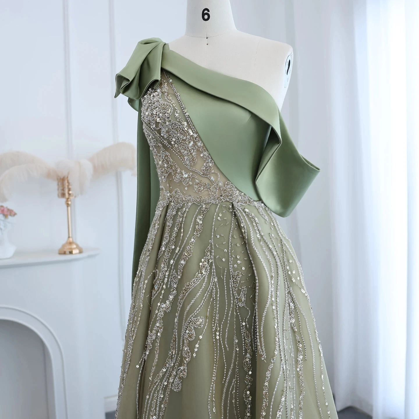 Jancember Dubai One Shoulder Olive Green Arabic Evening Dress With Cape Sleeves Side Slit Wedding Party Gowns Sz323