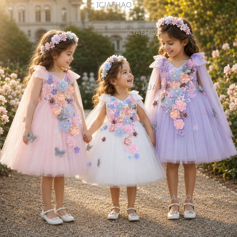 2026 Kids Handmade 3D Applique Gown Princess Wedding Flower Girl Party Banquet Clothes Tulle Sleeveless Dress New Children Girls