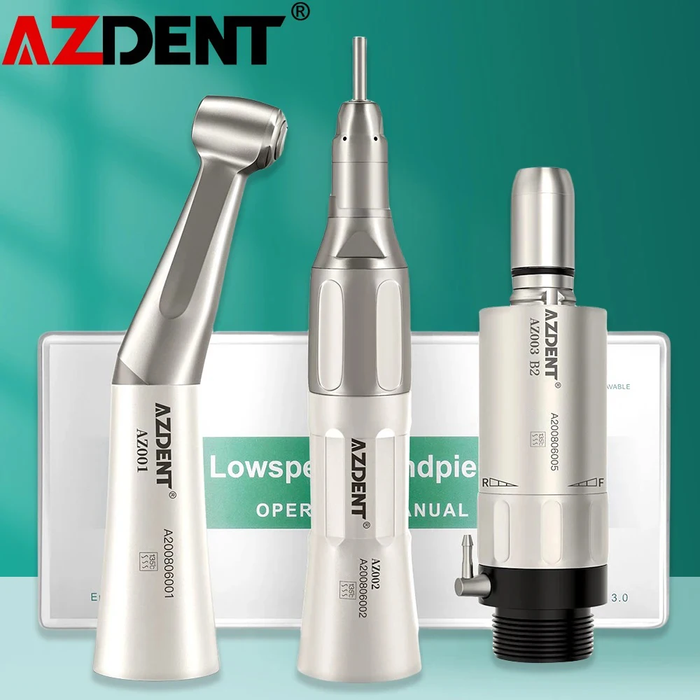 Azdent Dental Handpiece Contra Angle Straight 2/4 Hole Air Motor Push Button  Low Speed