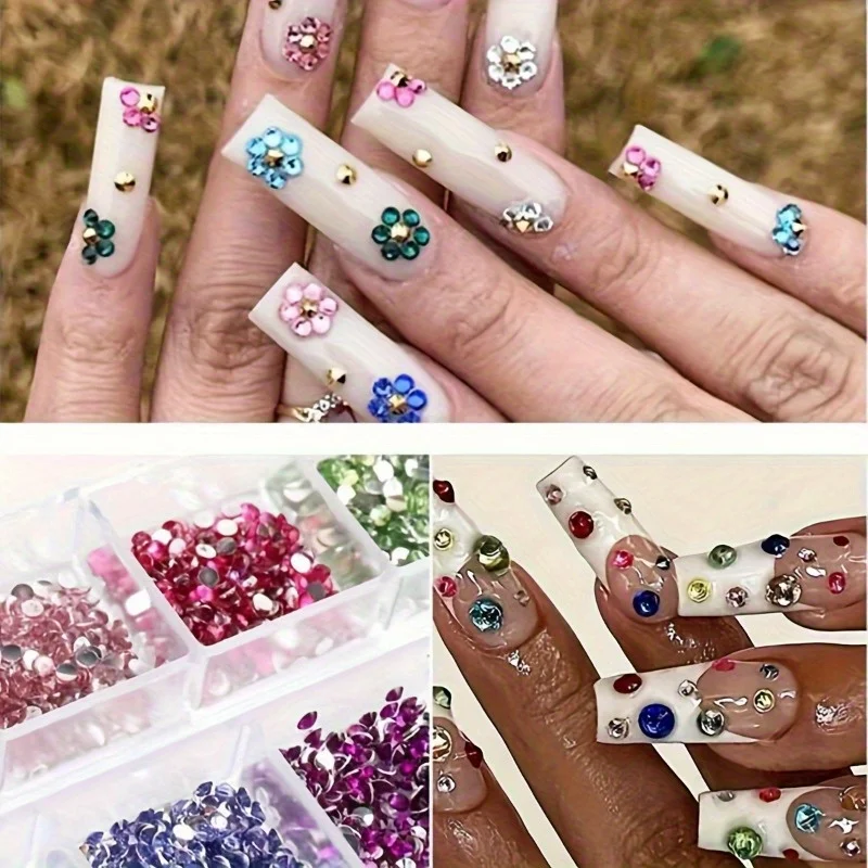 12 علبة من أحجار الراين المسطحة للأظافر، بألوان متنوعة وغير معطرة لتزيين الأظافر بنفسك في المانيكير والباديكير