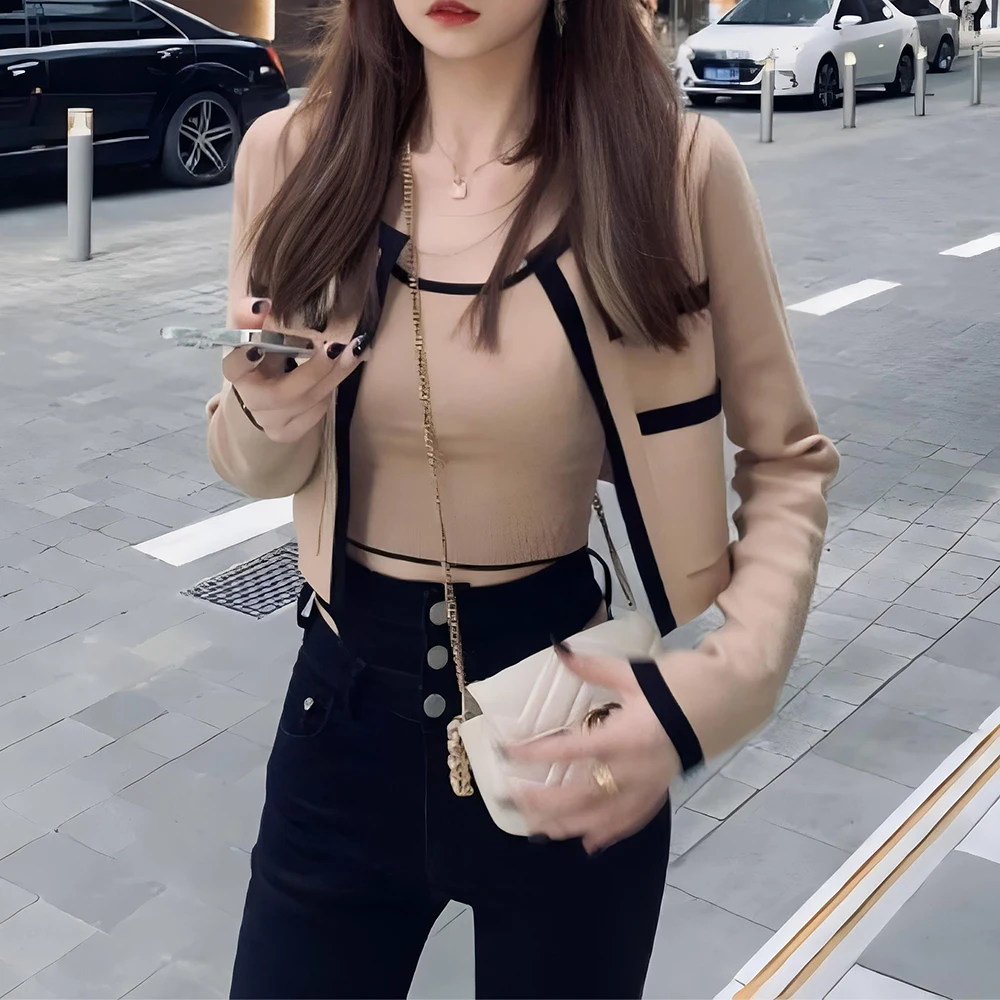 New Combination Of Color Design Sense Of Light Luxury Knitted Sexy Cardigan Small Short Coat Ins Fashion Halter Vest Two-piece