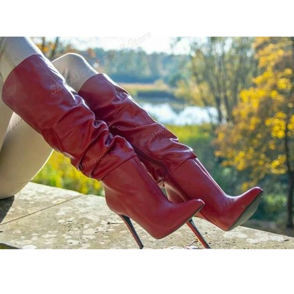 Red Flods Decor Knee High Boots Matte Leather Pointed Toe Stiletto High Heel Sexy Fashion Women Shoes 2024 Zapatos Para Mujere