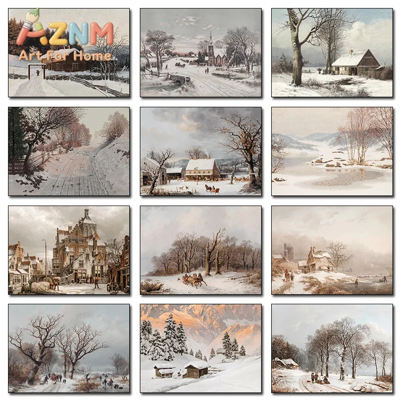 1pc frameless Canvas Painting Retro Winter Snow Scene Wooden House Urban Landscape Posters Prints Canvas Painting Wall Art Pictu