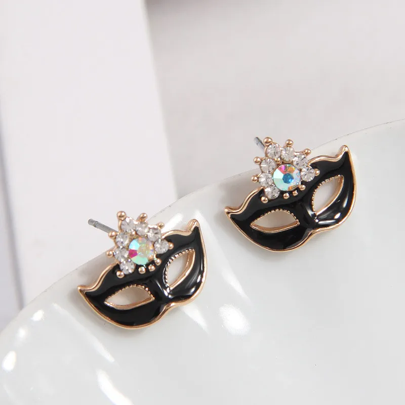 Kymyad Korean Style Crystal Stud Earrings for Women Gold Color Enamel Mask Women\'s Earring Statement Luxury Gift Jewelry