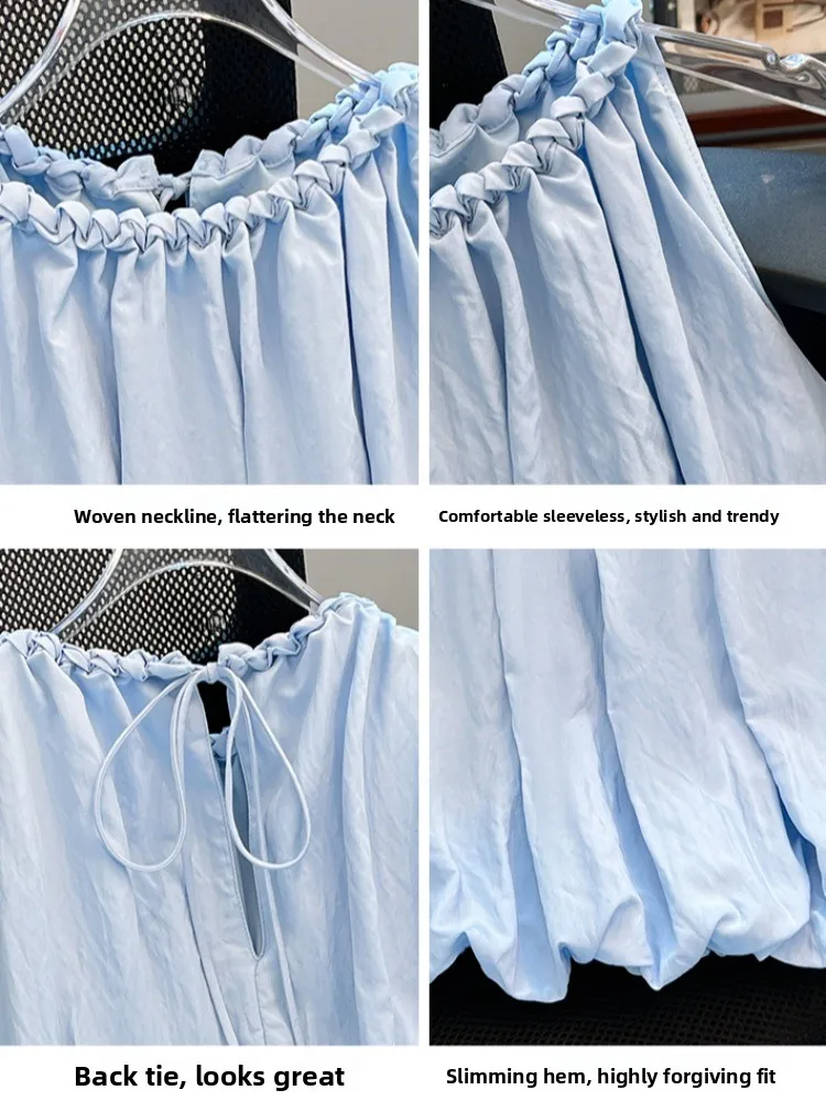 Azul fora do ombro vela colete irt feminino verão solto ort bloomer topo coreano sle commute faion redondo ne vestido