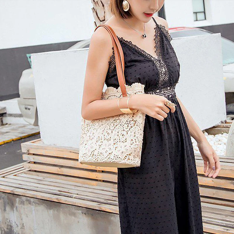 Summer New Women Shoulder Bag Korean Style Fashion Lace Flowers Girls Casual Bag Large Capacity Street Shopping Handbag 2024