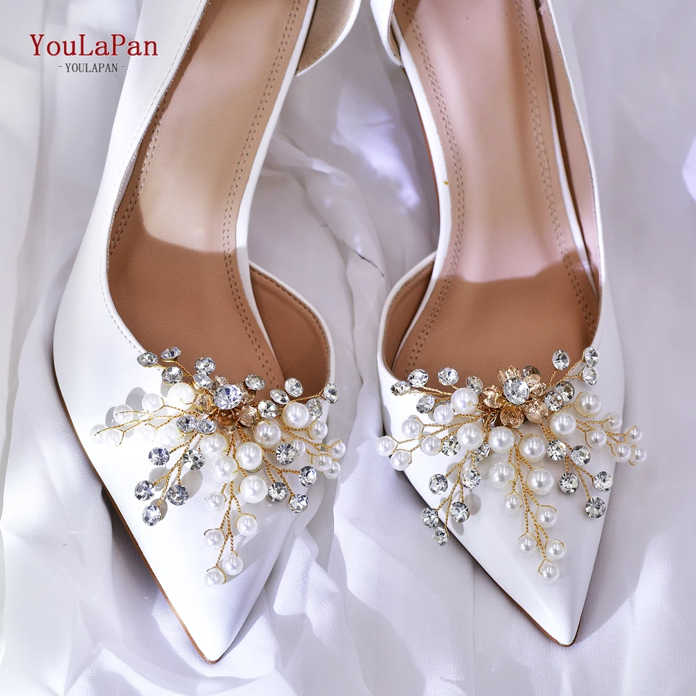 YouLasaupoudrer-réinitialisation de chaussure fait main avec perle pour la mariée, décoration de chaussure, document doré, talons hauts, accessoire de mode, HX61