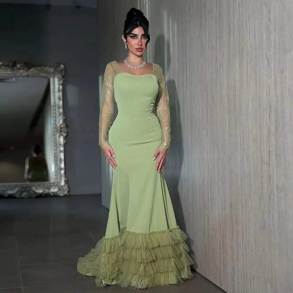 

Beshinel индивидуальное зеленое вечернее платье русалки из кружева и тюля с длинными рукавами и оборками длиной до пола, свадебное платье со шлейфом