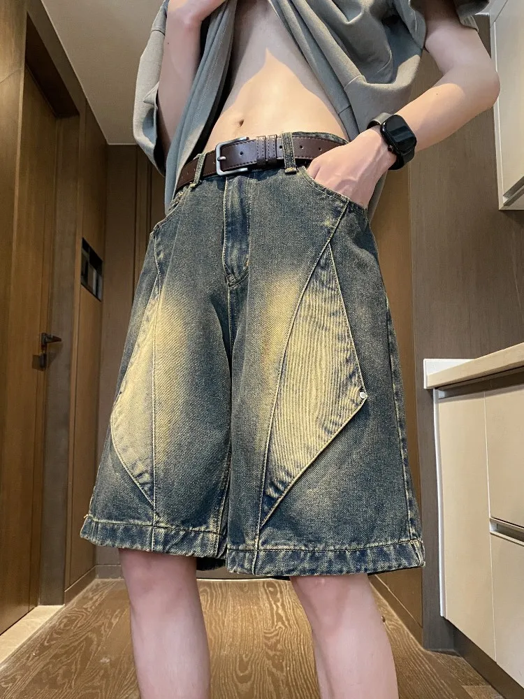 

Мужские свободные джинсовые шорты в уличном стиле, летние, модные, винтажные, с эффектом потертости, прямого кроя, со средней посадкой, на молнии, износостойкие