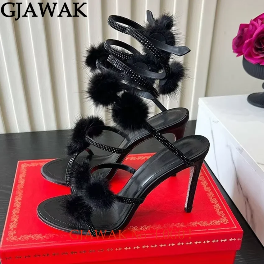 Sexy Crystal High Heels Fur Sandals Woman Twine Around Ankle Snake Party Shoes  Woman Summer Feather Ball Modern Sandals Women