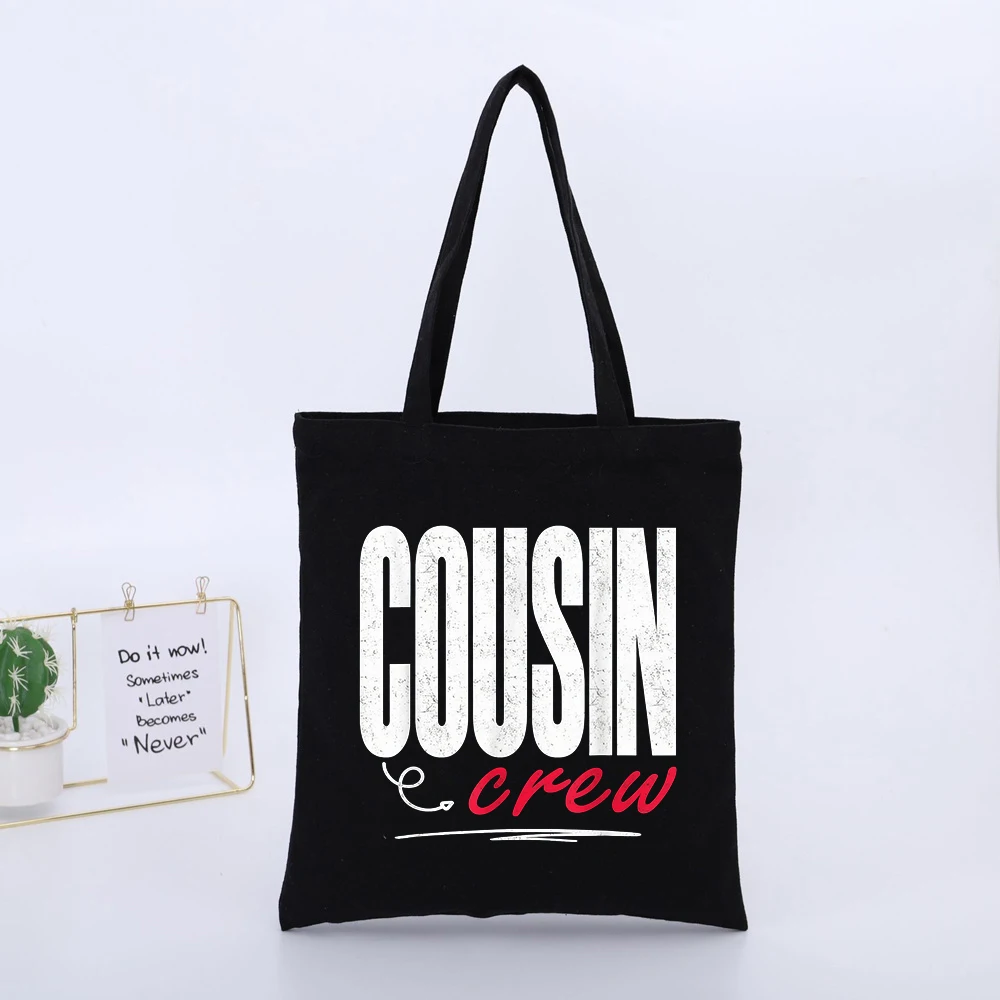 Cousin Crew Letter Print Black Canvas Tote Bag, Casual Style for Daily Shopping and Casual Outings
