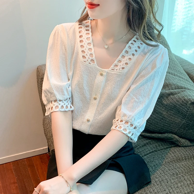 Fashion Summer Short Sleeve V-neck Women Blouse Hollow Out Chiffon Blouse Shirt Women Tops Blusas Mujer De Moda 2024 Verano A34