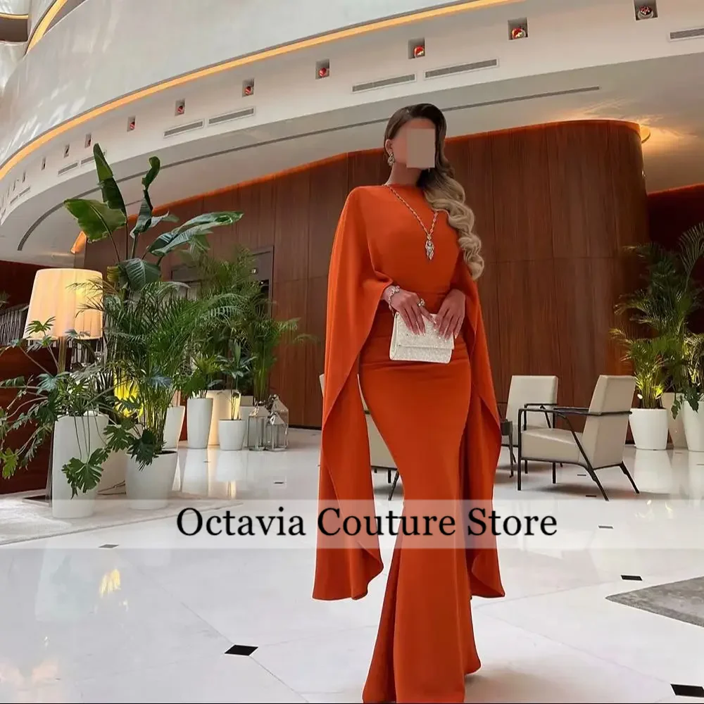 Customized Mermaid Orange Jersey Evening Dress Formal and Classic Crew Neck Flare Sleeves Homecoming Gowns for Saudi Arabia 2025