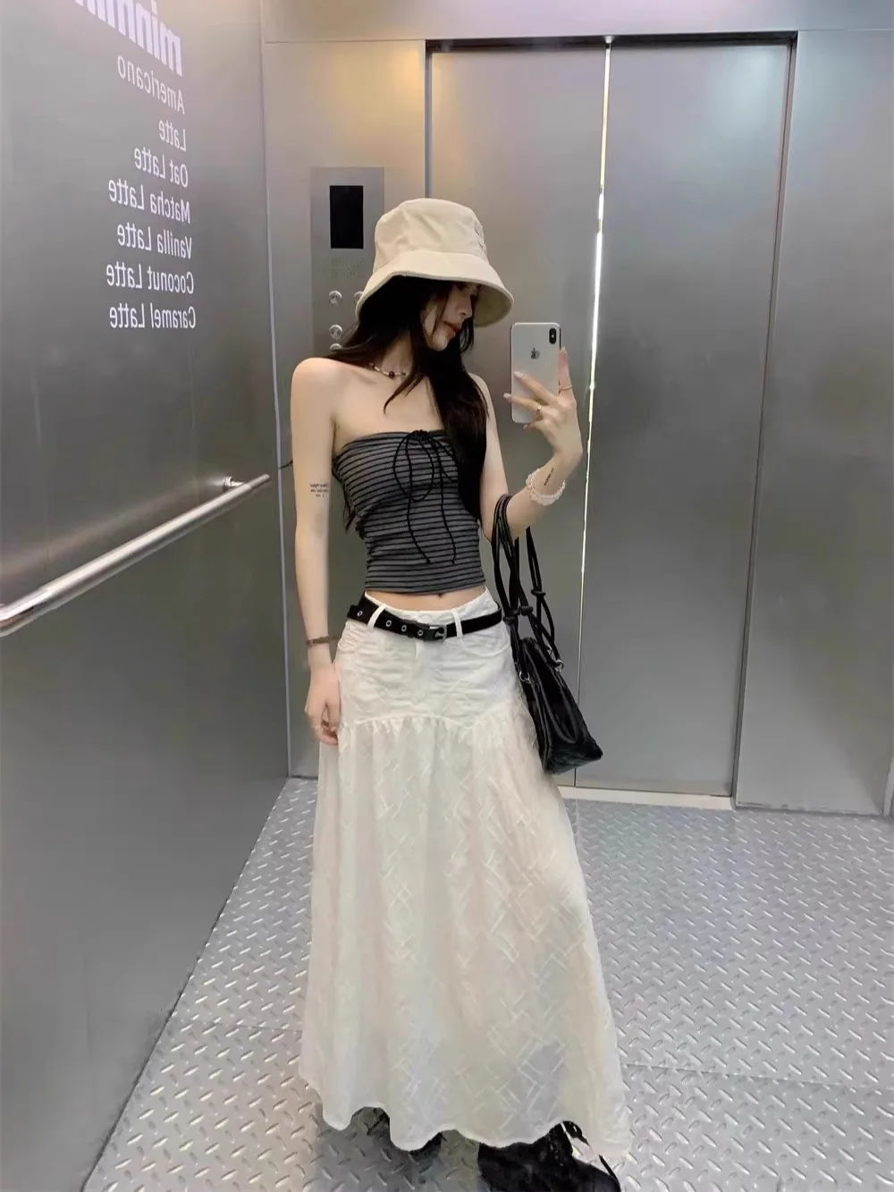 White A-Line  Dr High Waist Slimming Long Skirt Women's Summer Design Versatile High Waist 3D Floral Cutout Skirt