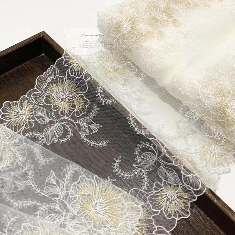 

15Yards White Gold Embroidered Lace Trim Fabric Skirt Hem For Clothes Sewing Accessories Lingerie Wedding Dress