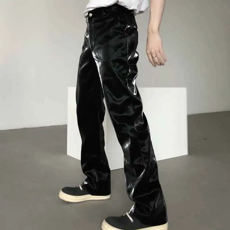 

Shiny Latex Leather Straight Leg Pants Women Casual High Waist PU Stretch Ladies Black Slim Pencil Pants Liquid Trousers Winter