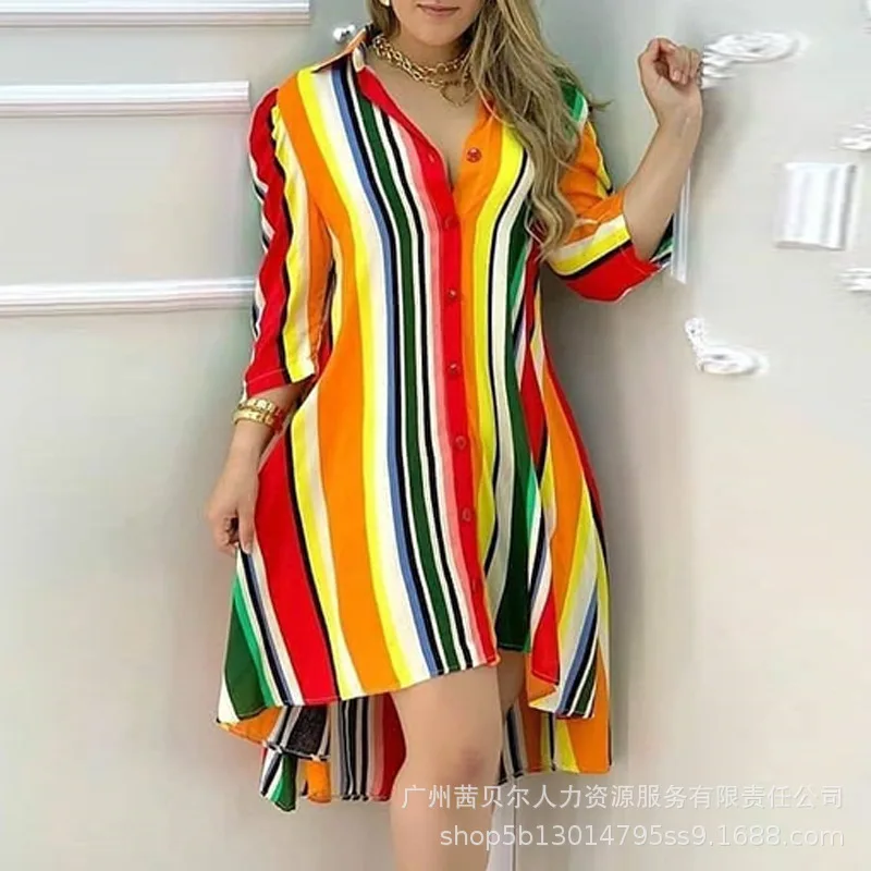 

Wepbel Shirt Dress Slim Fits High Waist Single Breasted Fashion Summer Shirt Dress Women Long Sleeve Stripe Printing Shirt Dress