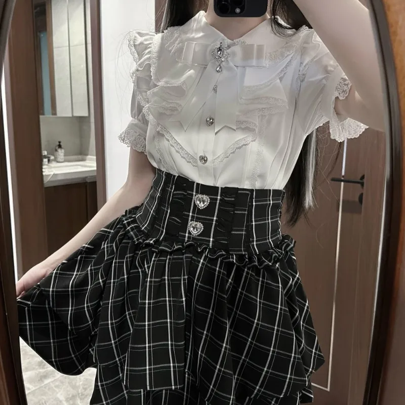 Summer Kawaii Sweet Mini Skirt Women Japanese Casual Street Fashion Waist Tie Two Layer Short Skirt Adorable Fashion Outfit New