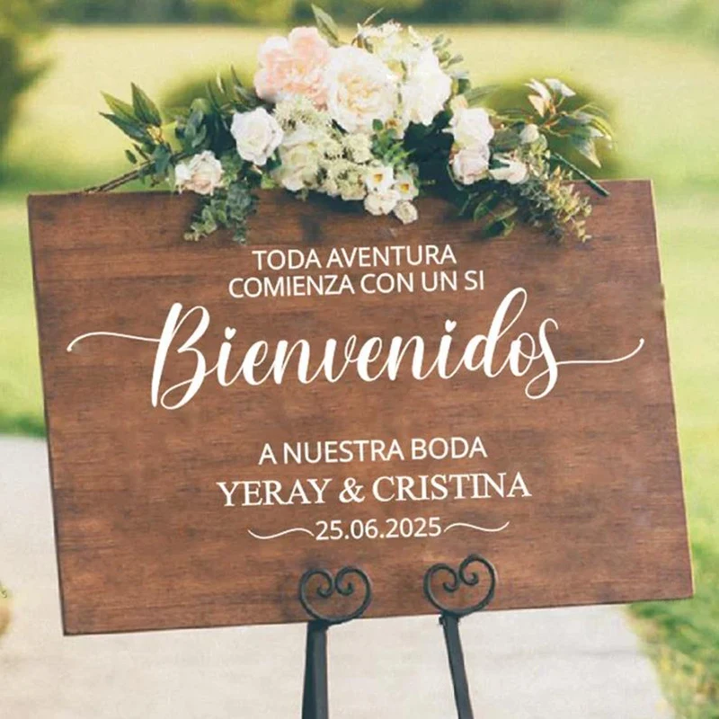 Spanish Welcome Sign Vinyl Decal Bienvenidos Wedding Custom Names And Dates for Mirror Wall Stickers Marriage Decoration