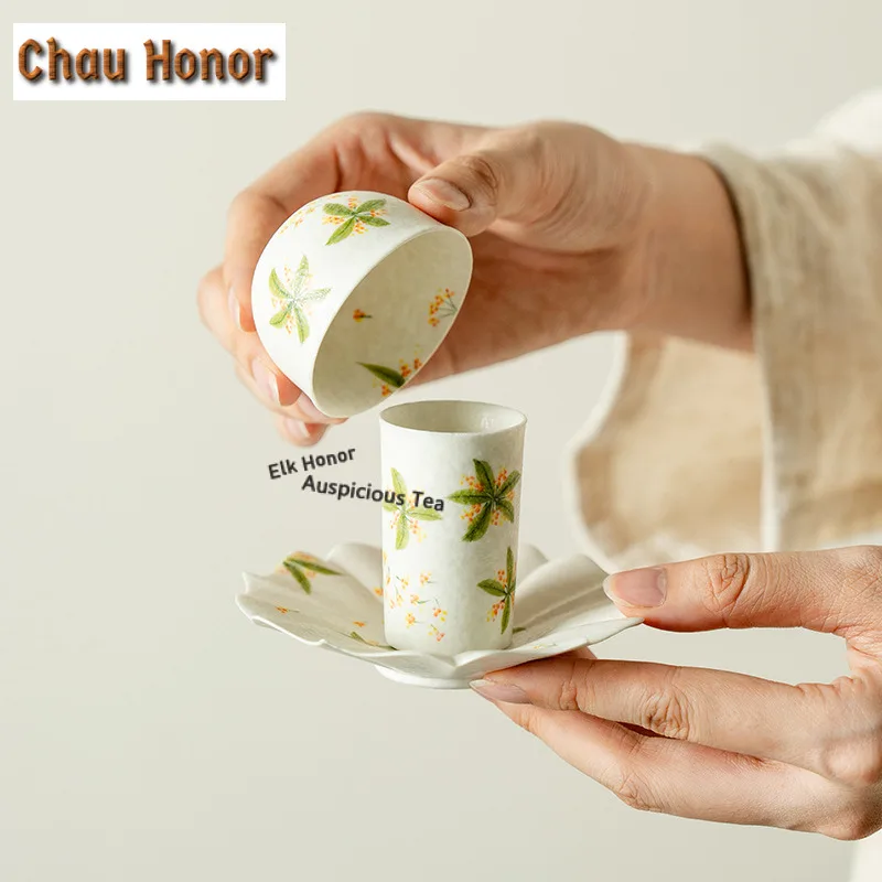 3pc/set Hand-painted Osmanthus Teacup Saucer Set Bowl For Tea-tasting Snifter Cup Kit Meditation Cup Jianzhan Master Cups Teaset