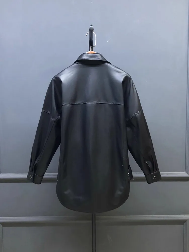 Veste en cuir véritable pour femmes, Double boutonnage, coupe ample, vêtements d'extérieur décontractés, mode peau de mouton, Streetwear, coupe-vent court
