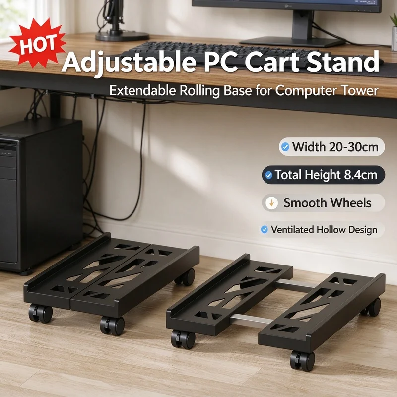 Under Desk Mobile PC Tower Stand with 4 Rolling Casters Adjustable Ventilated Computer Case Holder Space Saving PC Bracket