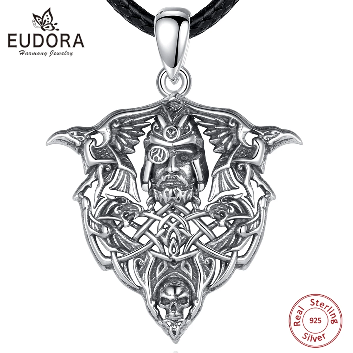 Eudora 925 Sterling Silver Viking Raven Wolf Necklace for Men Vintage Nordic Odin Warrior Skull Pendant Personality Jewelry Gift