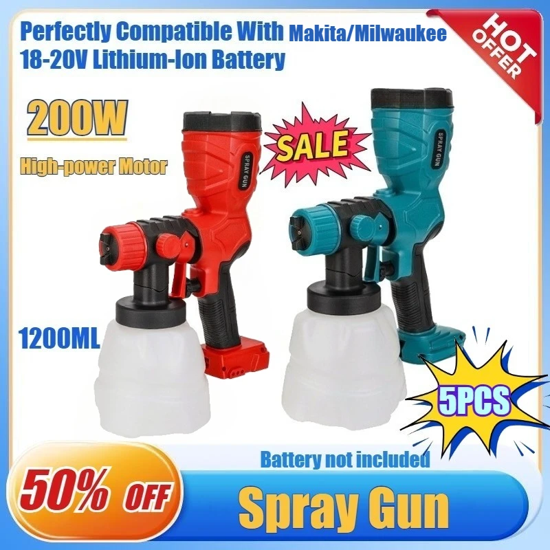 

5PCS Cordless Spray Gun for Makita/Milwaukee 20V Battery Brushless Motor Home Electric Paint Sprayer 4 Nozzle Easy for Beginner