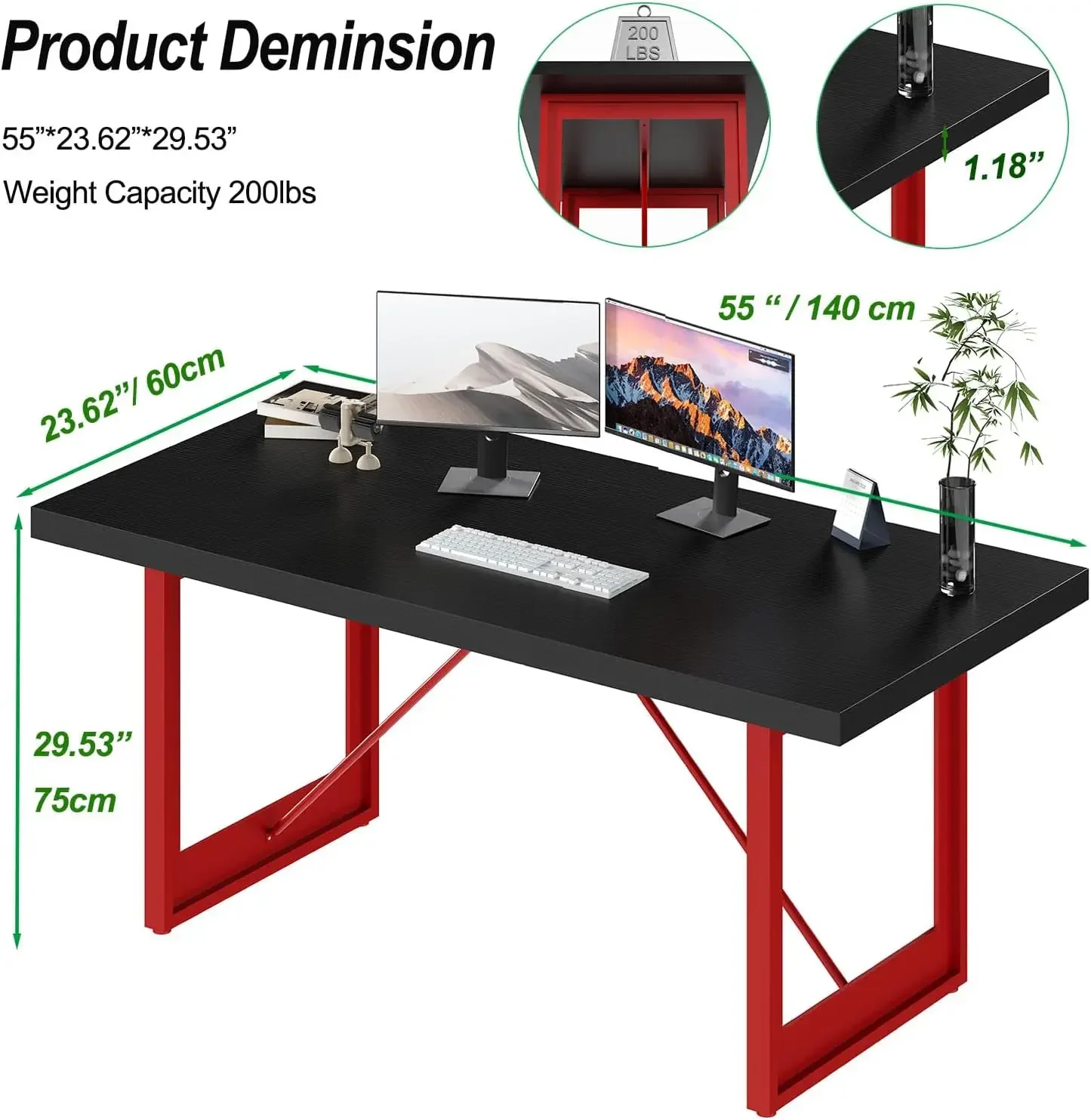 Black Computer Desk, 55” Modern PC Gaming Writing Desk, Wood and Metal Computer Study Work Table with Red Leg,