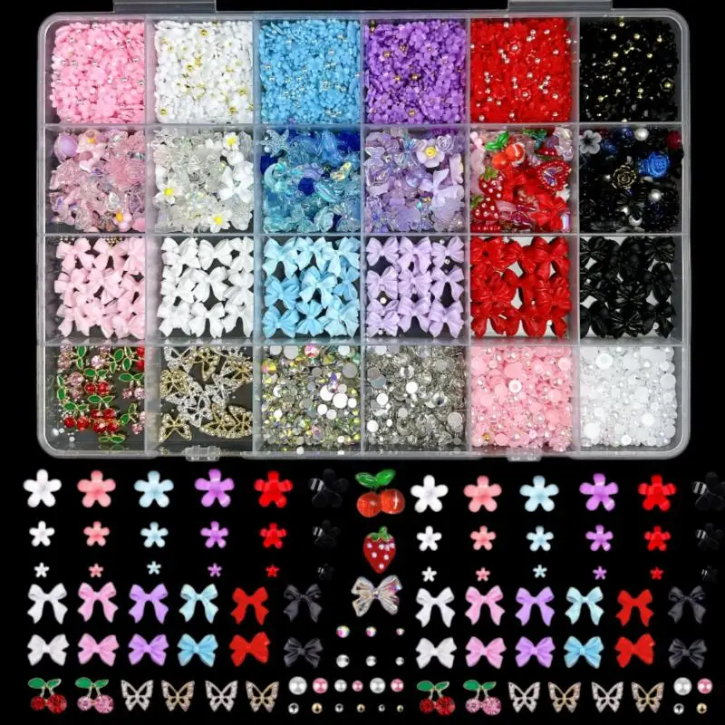 1Box Sweet Multicolor Bow Flower Nail Charms Resin Pearl Alloy Strawberry DIY Crafts Crystal Nail Art Decorations Accessories