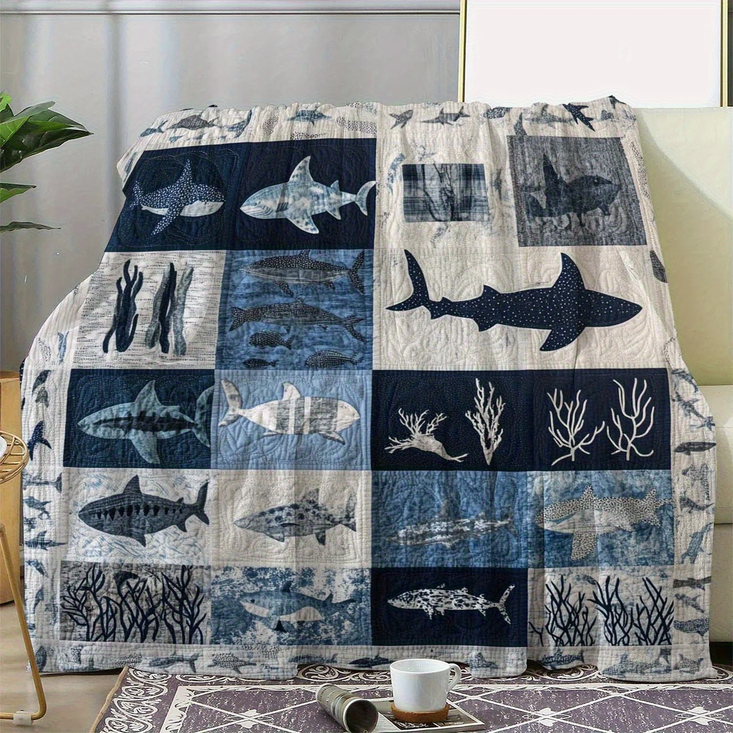 Cozy Flannel Throw Blanket Nautical Ocean Shark Fish Polyester Sofa Bed Decor Coastal Beach Print Knit Wrap Winter Throw Gift