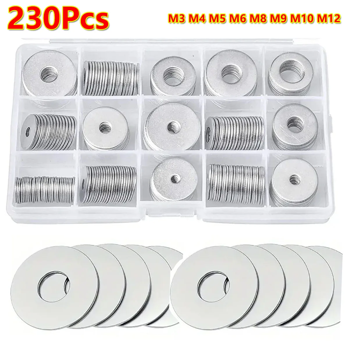 

230Pcs 304 Stainless Steel Large Fender Washers Assortment Kit 15 Sizes M3 M4 M5 M6 M8 M10 M12 Enlarged Flat Washer for Screws