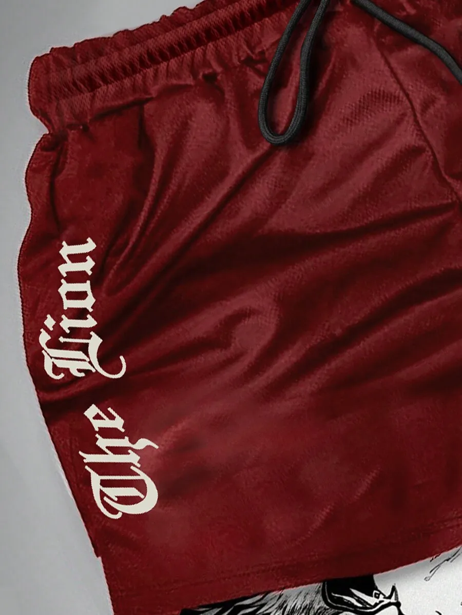 

Red 3D Lion Graphic Double-Layered Athletic Shorts For Beach Gym And Outdoor Activities