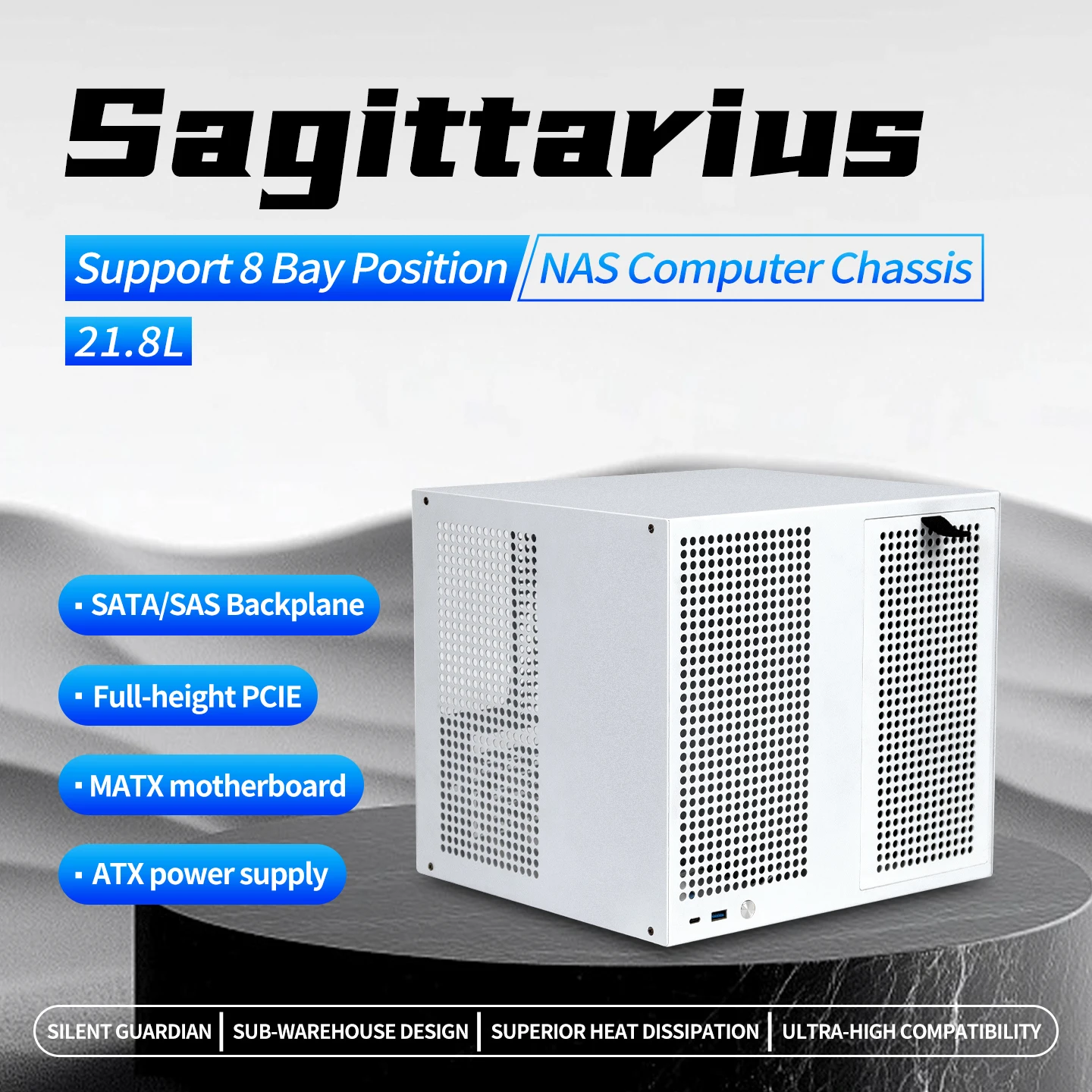 Sagittarius 8-bay NAS Chassis with ATX Power Supply, MATX Motherboard, Full-height PCIE, 21.8L