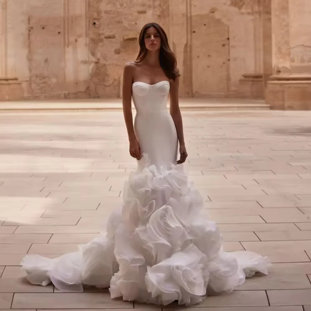 

Hand-made 3D Flower Bride Robe Graceful Strapless Sleeveless Bridal Gown Vintage Mermaid Wedding Dresses Robe De Mariée