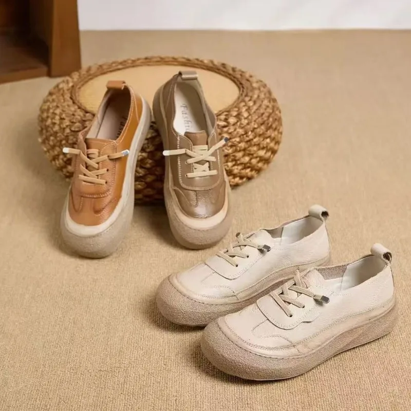 Genuine Leather Shoes Women Flat Casual Shoes Soft Cow Leather Brand Shoes Black Yellow Beige Plus Size 41 D648