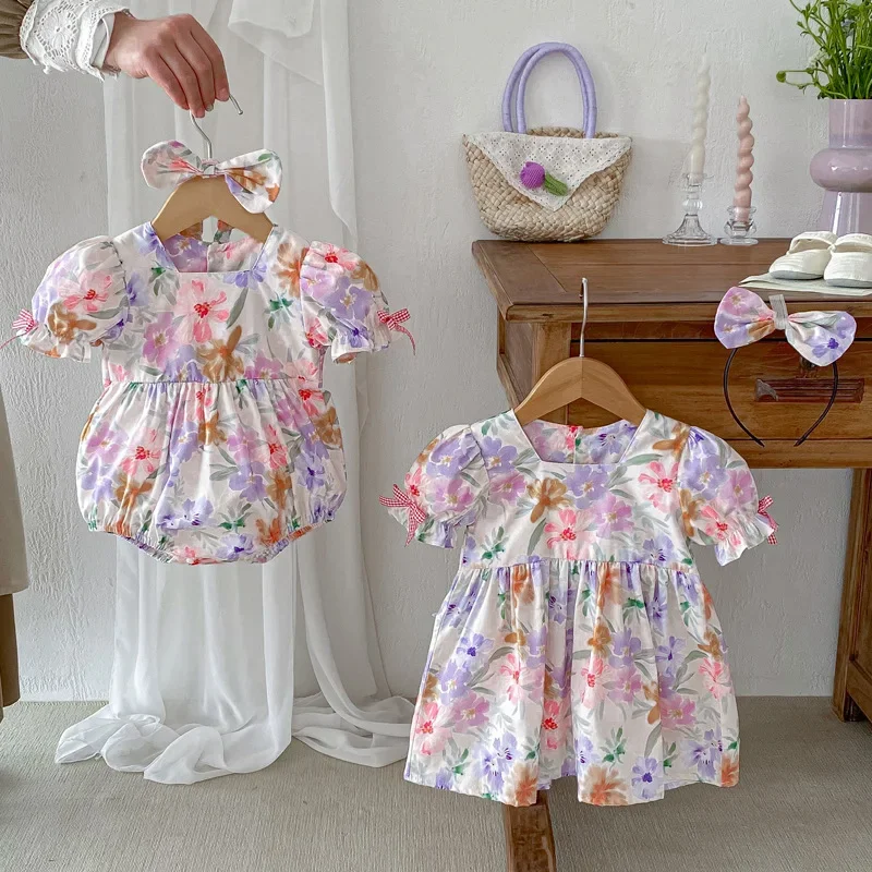 New Summer Sister Match Outfits Princess Dress Sister Baby Girls Clothes Puff Sleeve Floral Romper Cotton Dress H2217