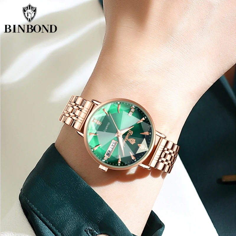 BINBOND Advanced Crystal Mirror Face Women Quartz Watches Waterproof Elegant Leather Strap Rose Gold Fashion Casual Women Watch