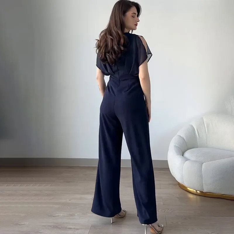 Jumpsuits Vrouwen Een Stuk Wijde Pijpen Broek V-hals Korte Mouwen Hoge Taille Stretch Broek Kantoor Dame 2025, Zomer Rompertjes